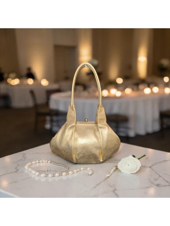 HOBO Handbags - VTG HOBO Blanche Satchel Gold Metallic Leather Fortune Cookie Frame Clasp Lock